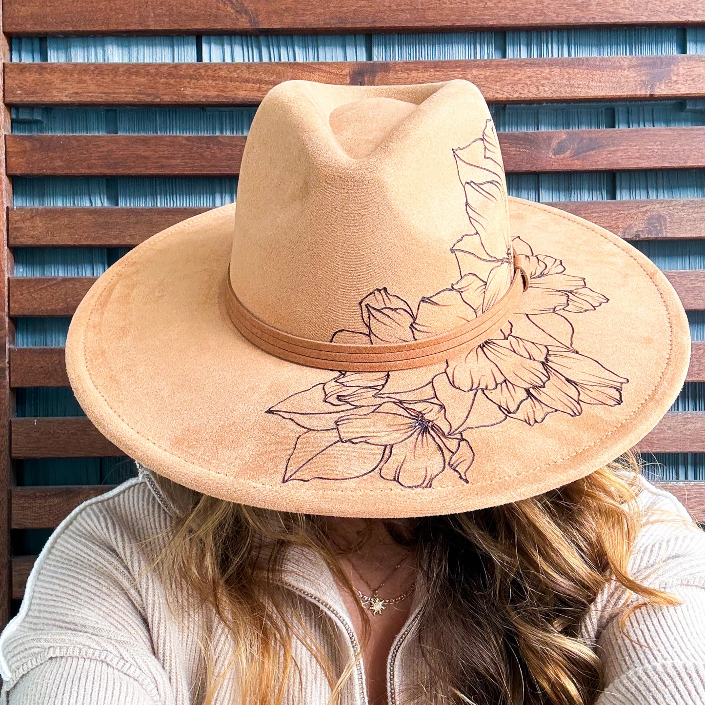 Brown Hand Burned Floral Wide Brim Fedora