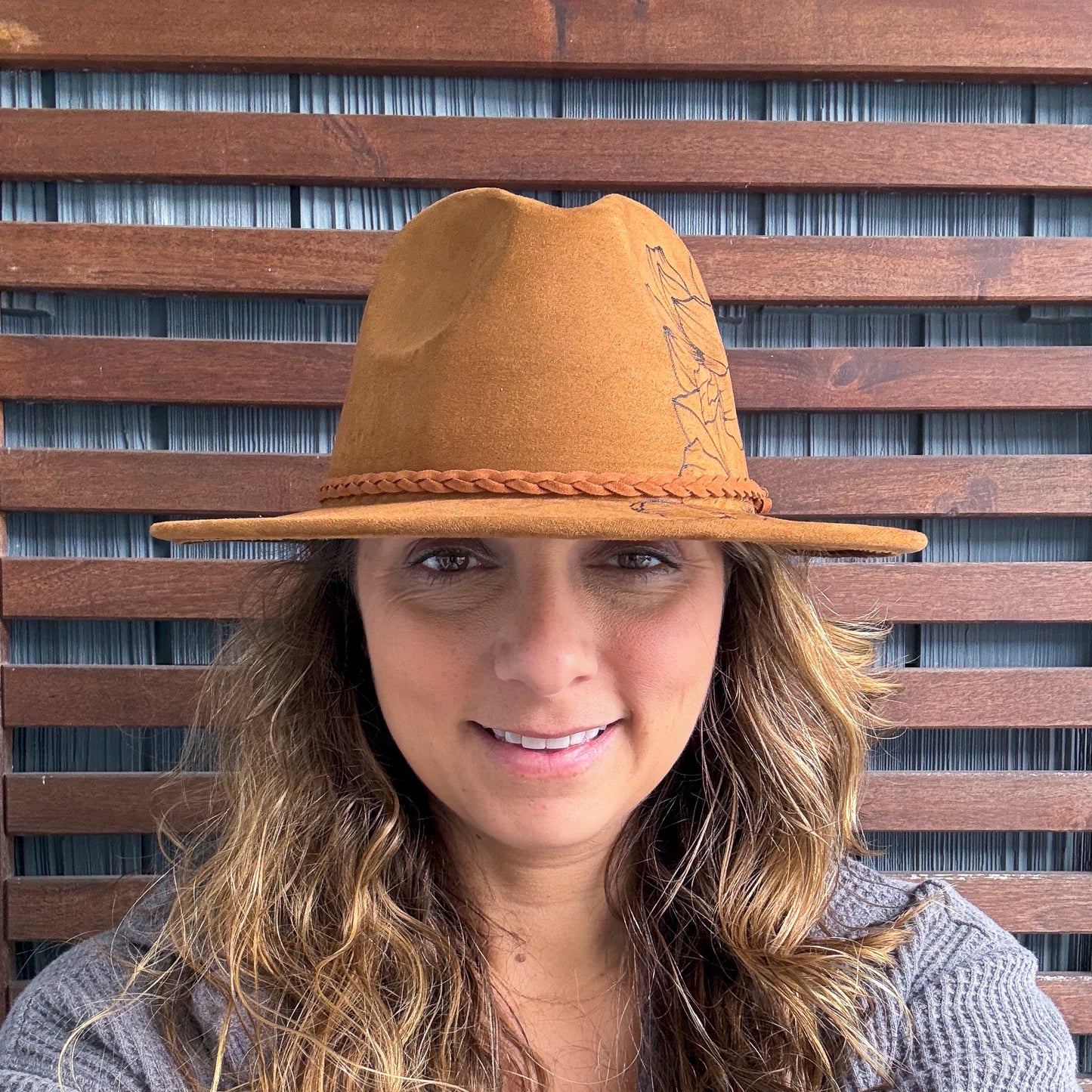 Brown Hand Burned Wild Flower Fedora