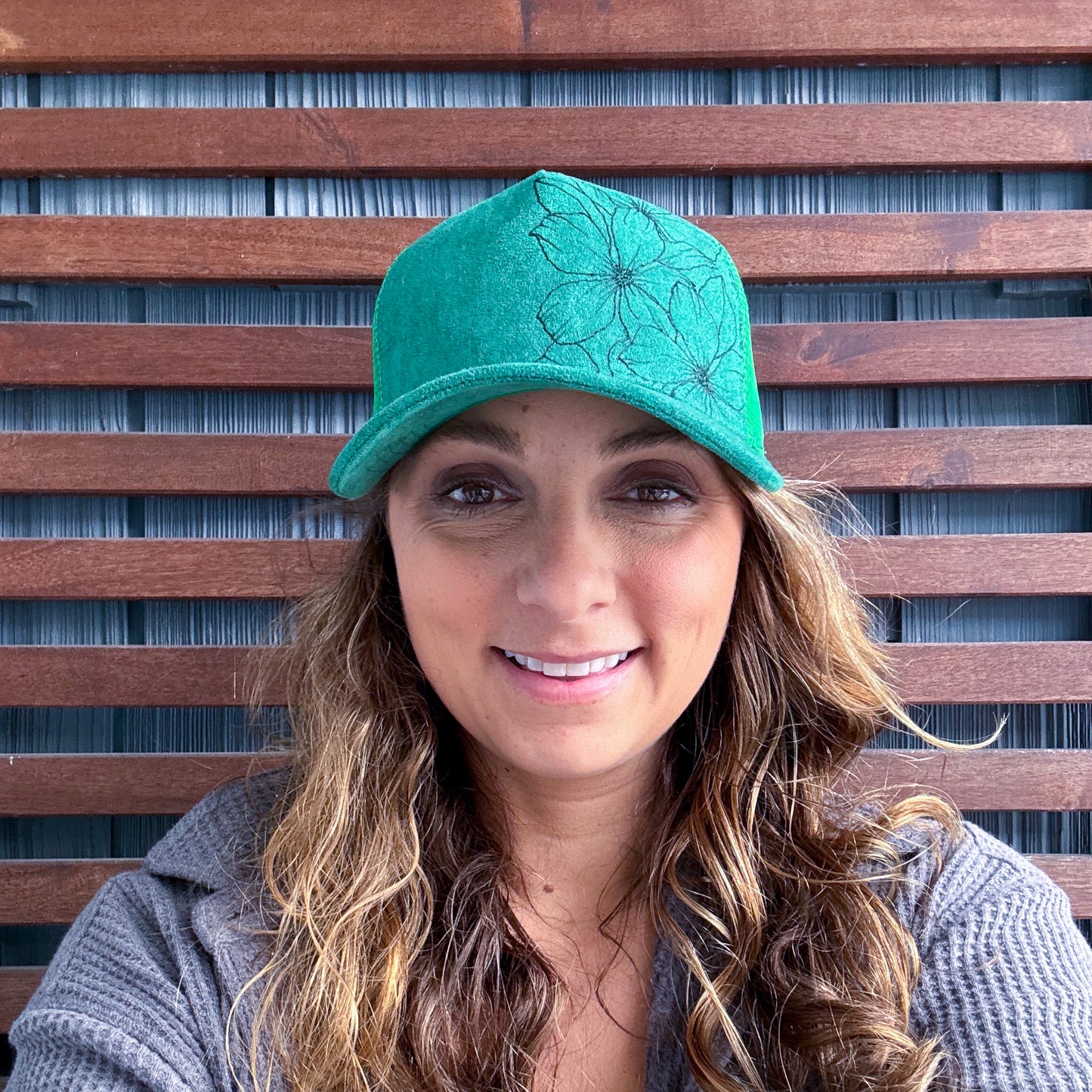 Suede Bright Green Burned Wild Flower Trucker Hat