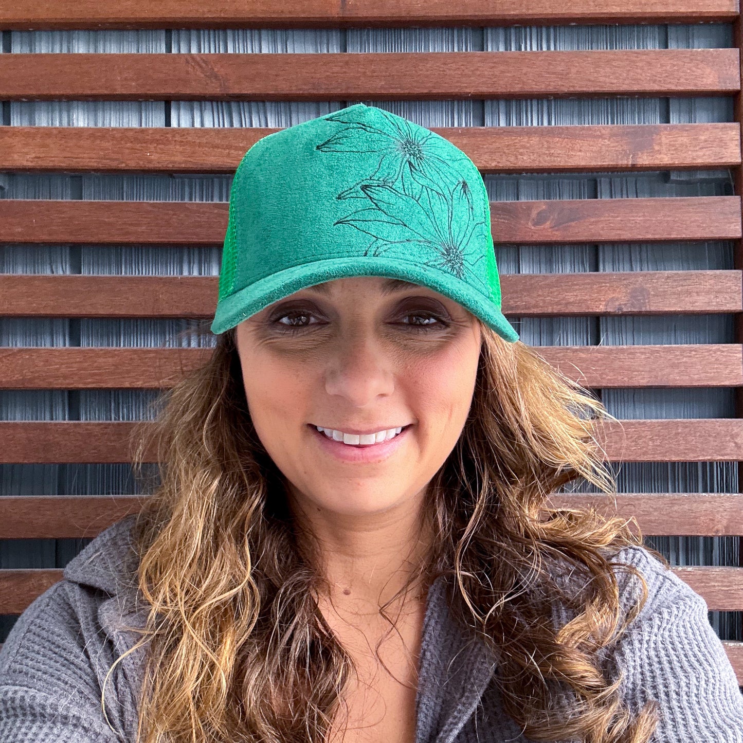 Suede Bright Green Burned Daisy Trucker Hat