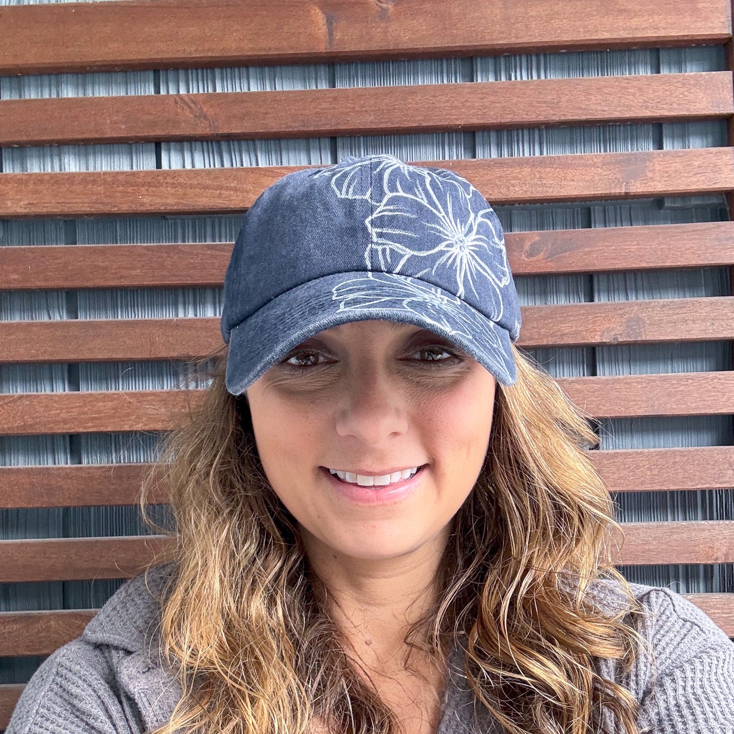 Dark Blue Hand Drawn Wild Flower Adjustable Baseball Cap