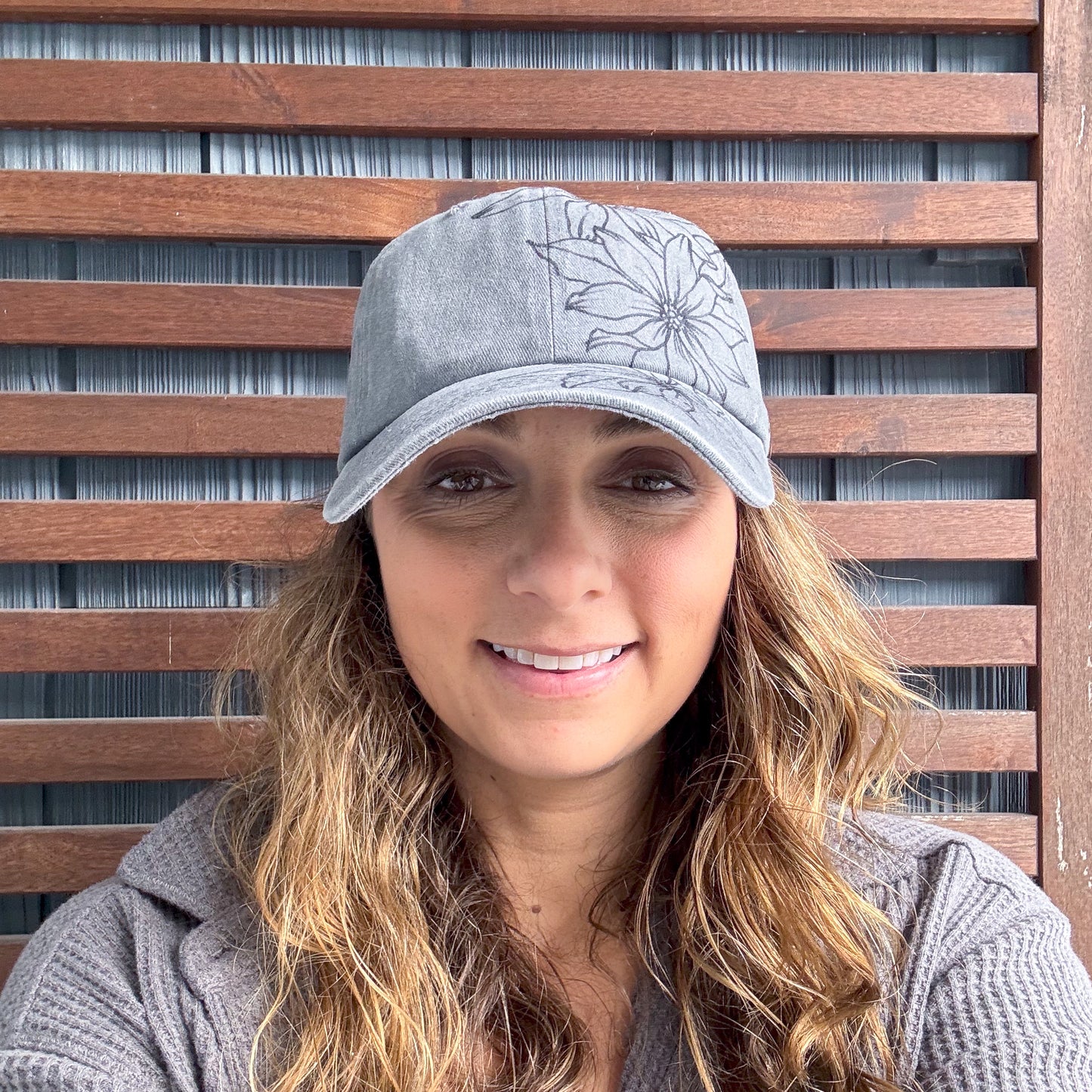 Light Grey Hand Drawn Daisy Adjustable Baseball Cap