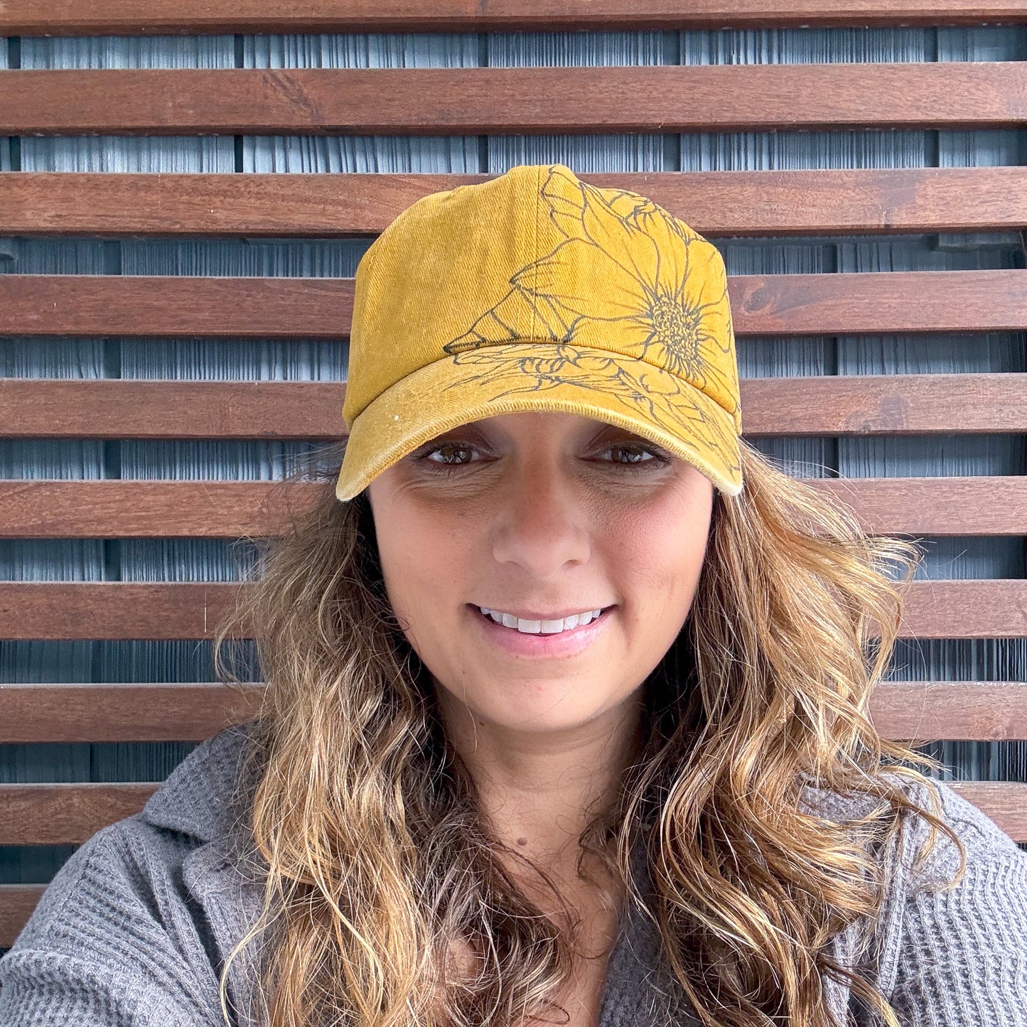 Yellow Hand Drawn Sunflower Adjustable Baseball Cap