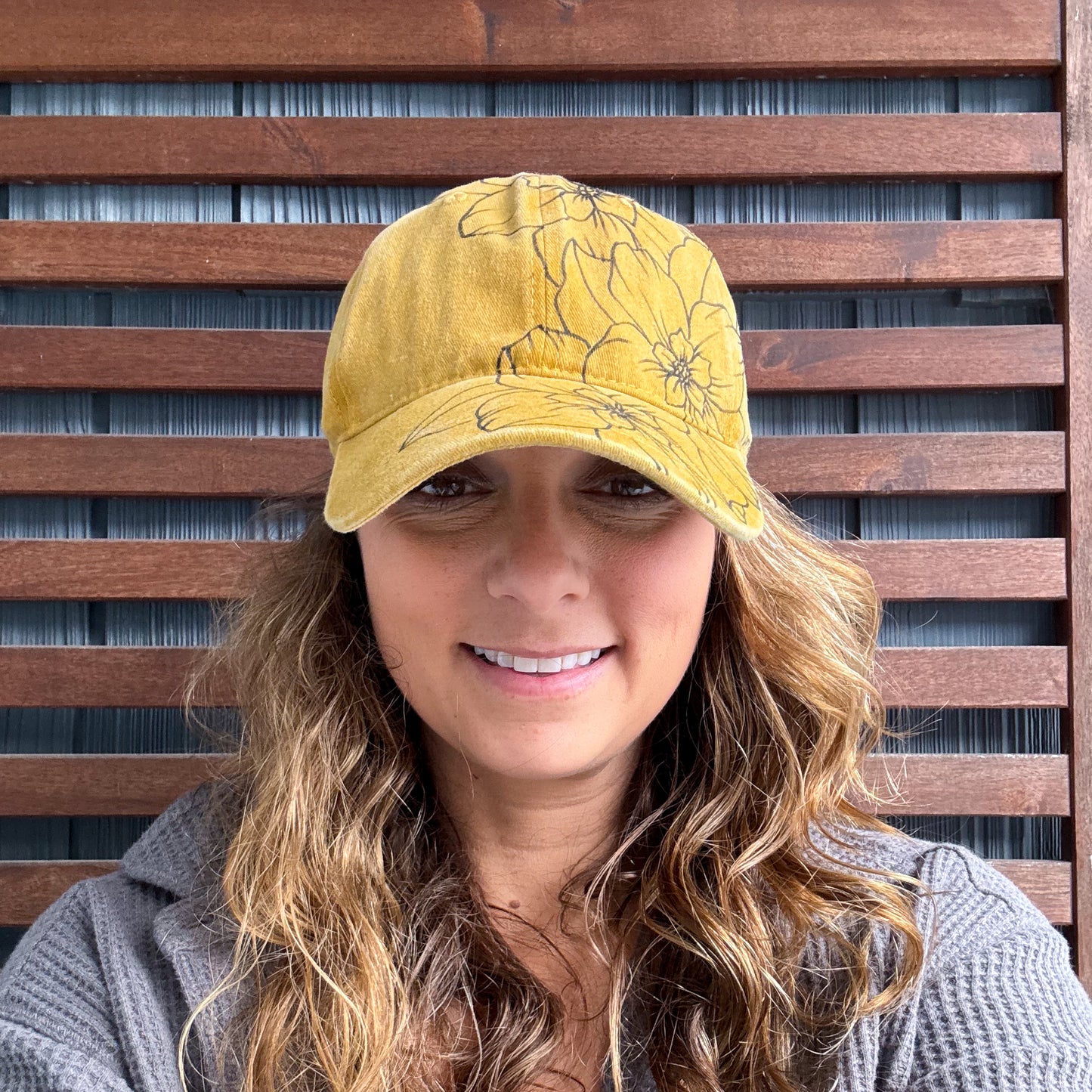 Yellow Hand Drawn Floral Adjustable Baseball Cap