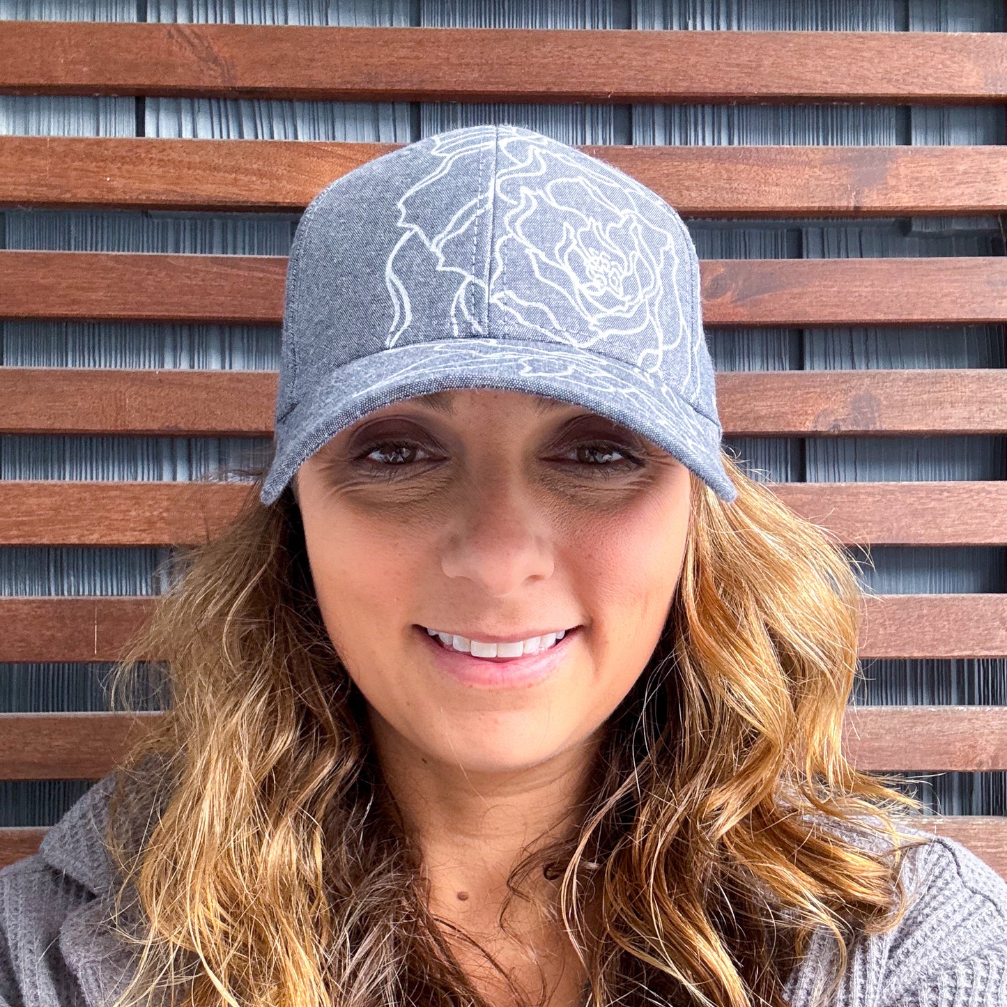 Denim Hand Drawn Peonies Adjustable Baseball Cap