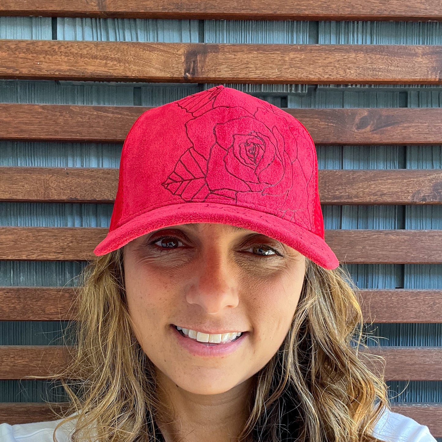 Suede Red Burned Rose Floral Trucker Hat