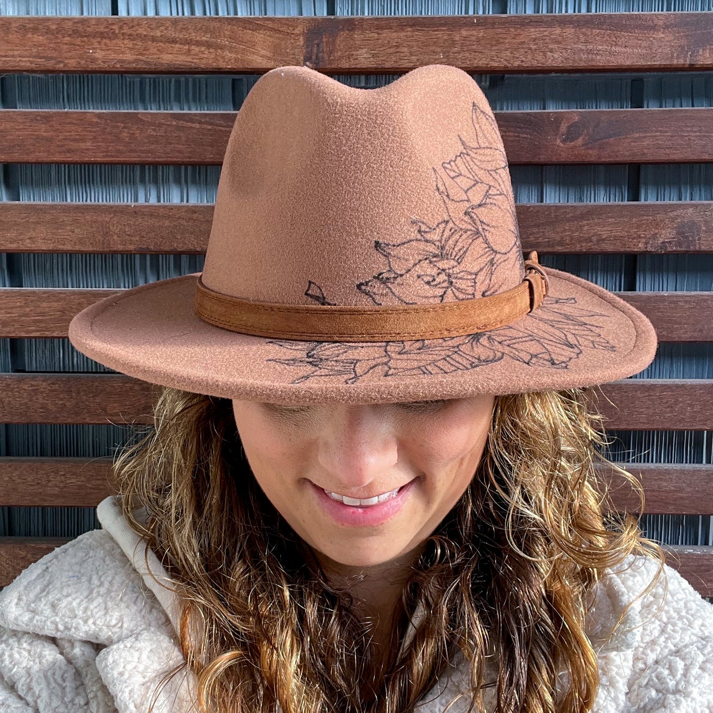 Brown Hand Drawn Sunflower Wide Brim Fedora