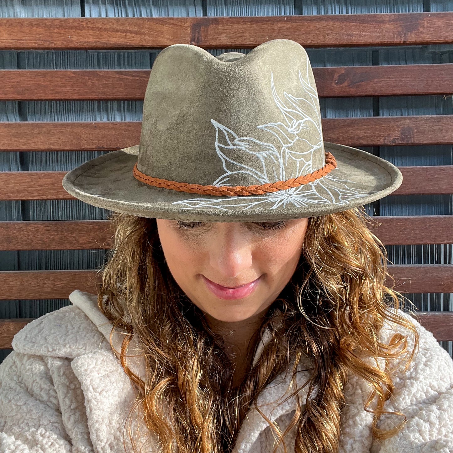 Olive Green Hand Drawn Sunflower Wide Brim Fedora