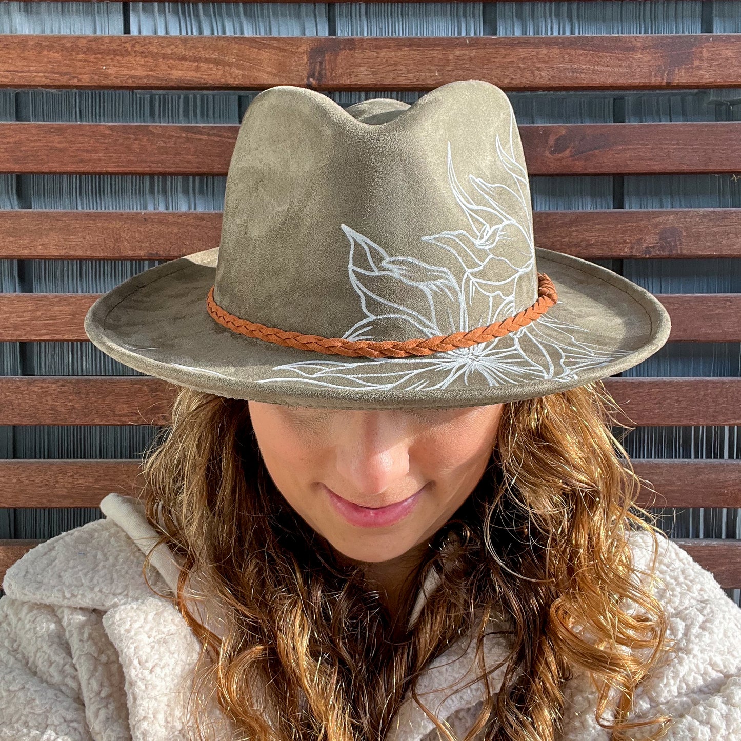 Olive Green Hand Drawn Sunflower Wide Brim Fedora