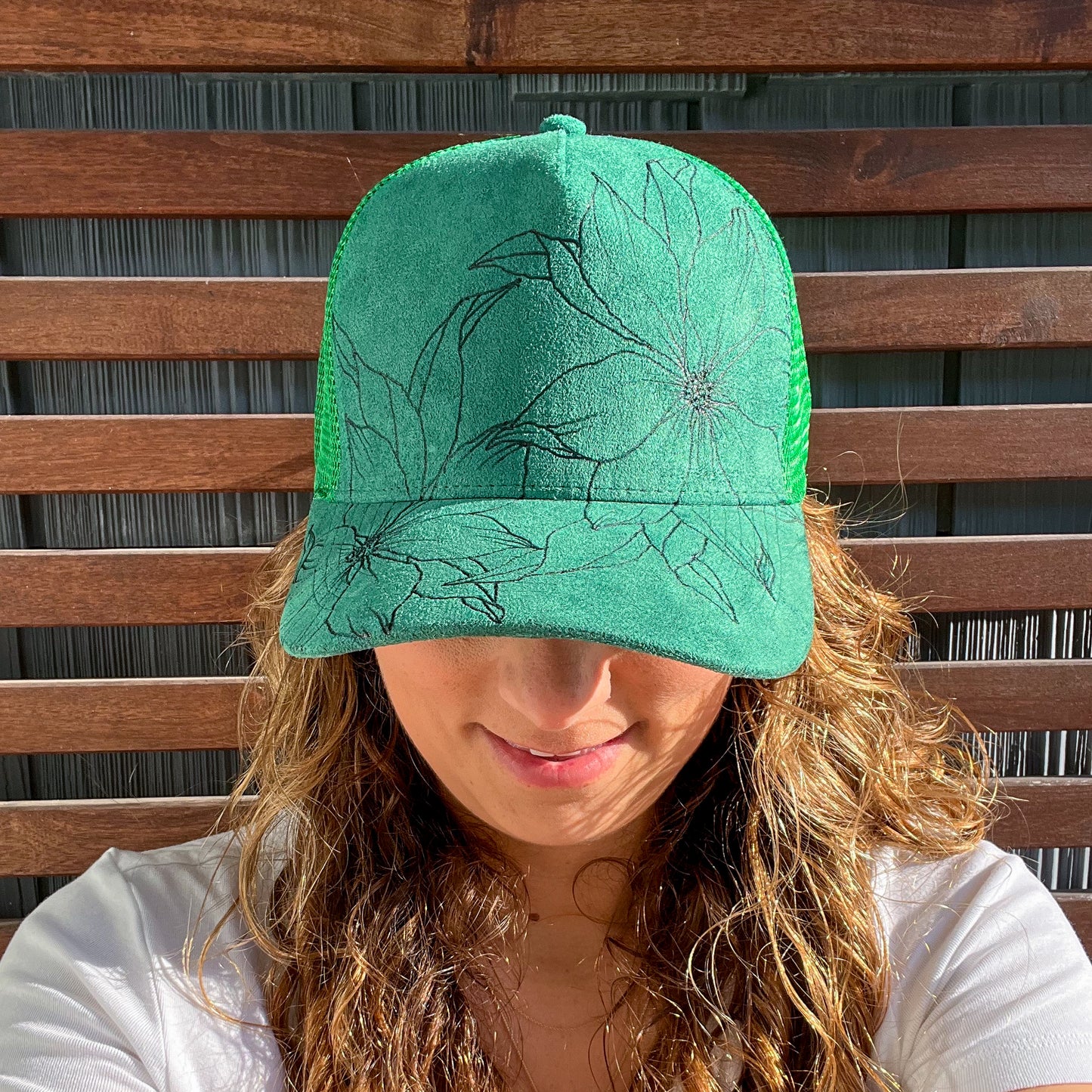 Suede Bright Green Burned Daisy Floral Trucker Hat
