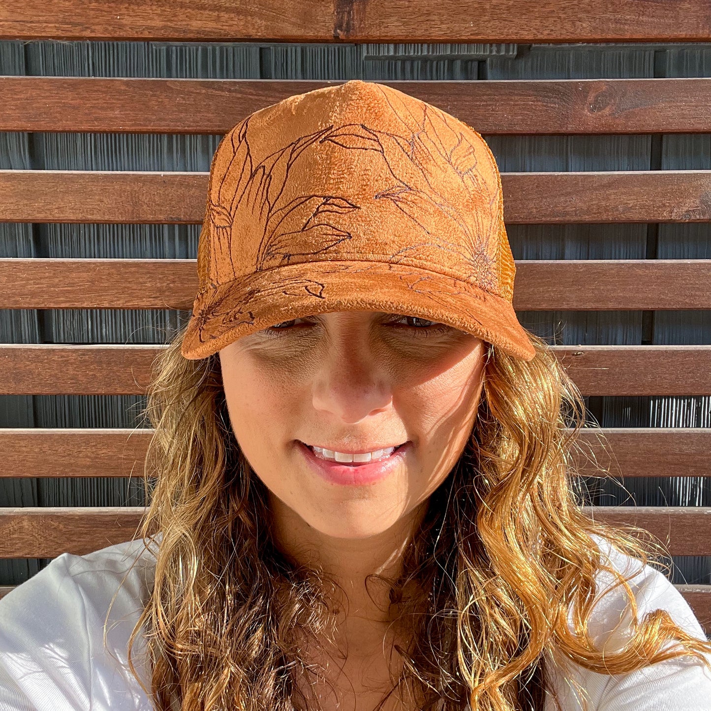 Suede Brown Burned Large Floral Trucker Hat