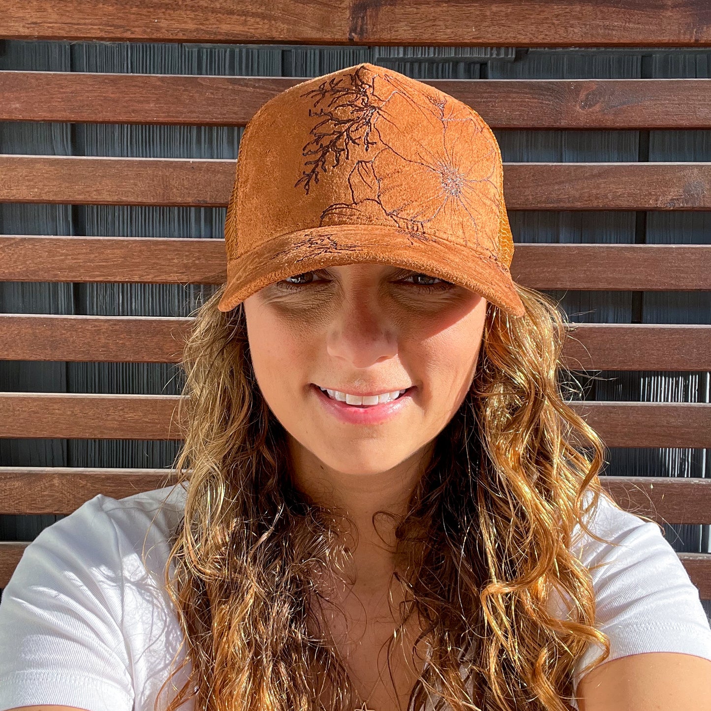 Suede Brown Burned Cosmo Floral Trucker Hat