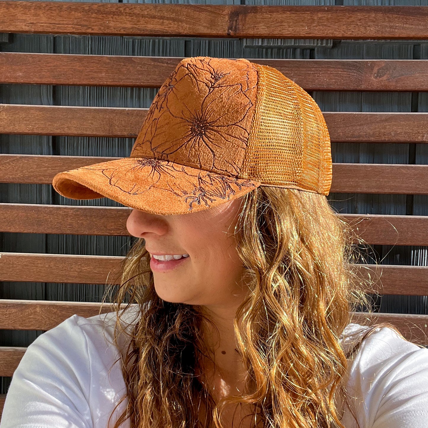 Suede Brown Burned Cosmo Floral Trucker Hat
