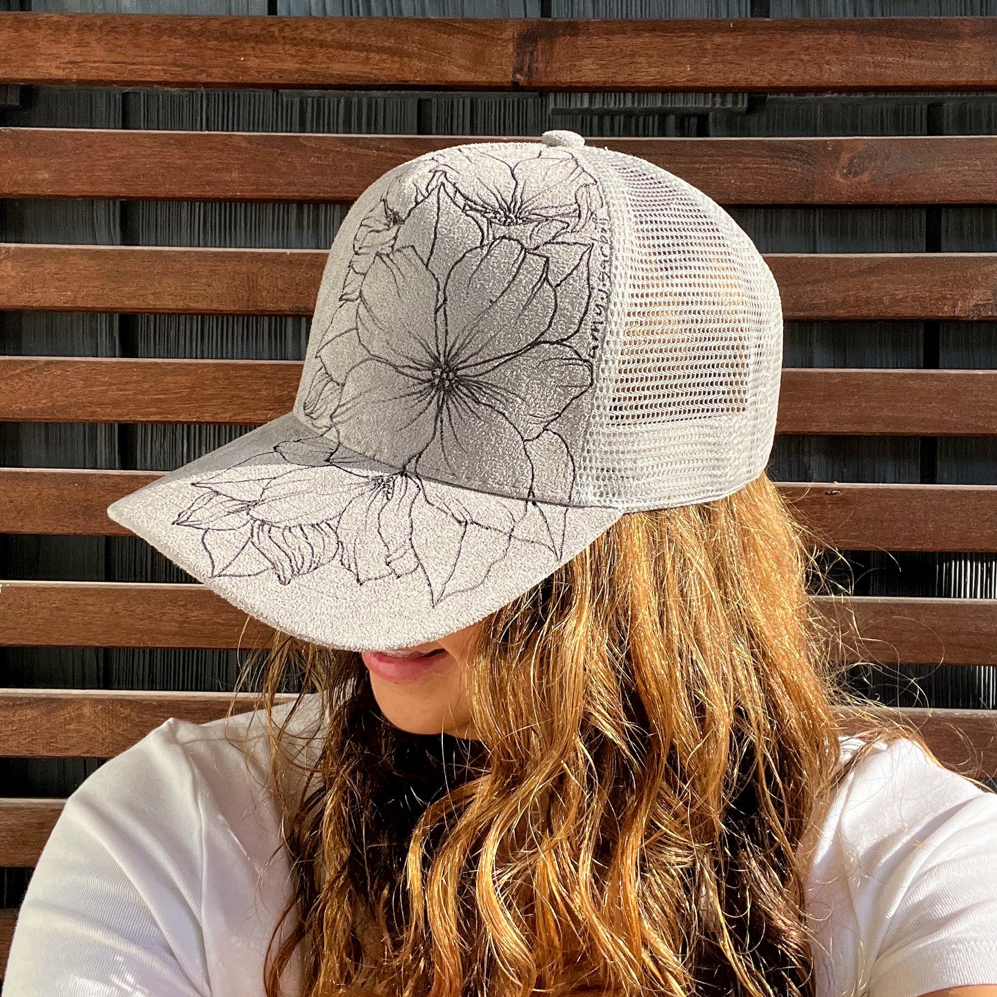 Suede Light Grey Burned Floral Trucker Hat