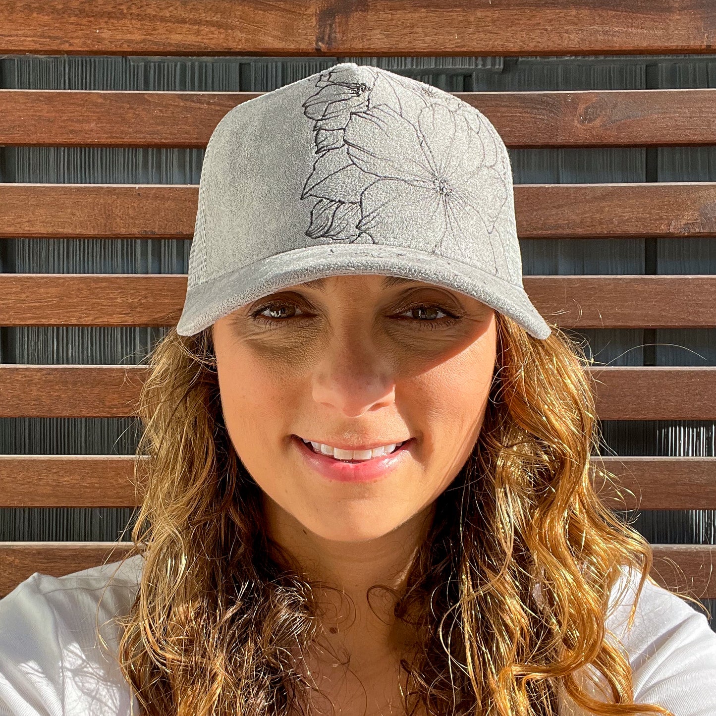 Suede Light Grey Burned Floral Trucker Hat