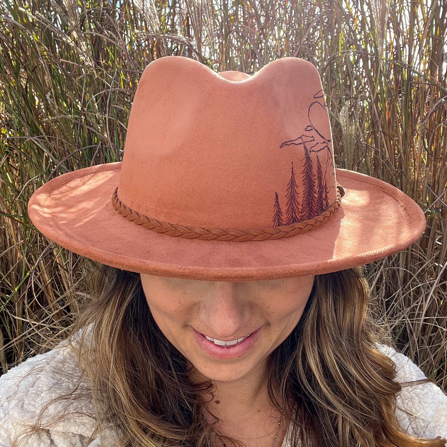 Rust Hand Burned Mountains Wide Brim Fedora