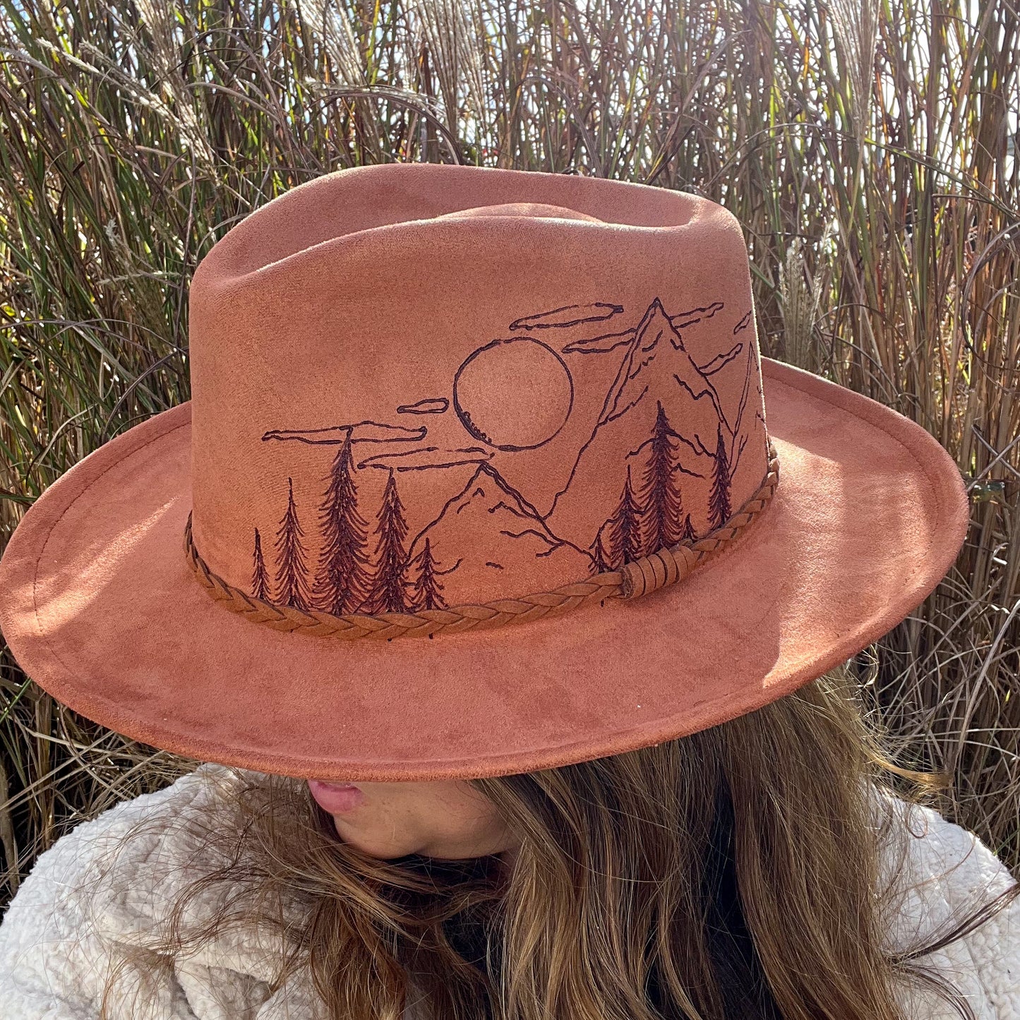 Rust Hand Burned Mountains Wide Brim Fedora