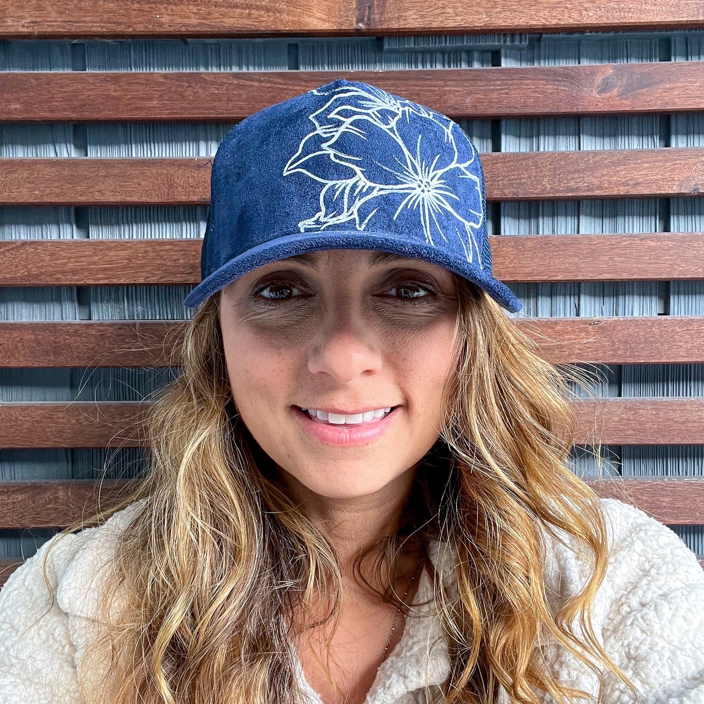 Suede Navy Blue Drawn Large Floral Trucker Hat