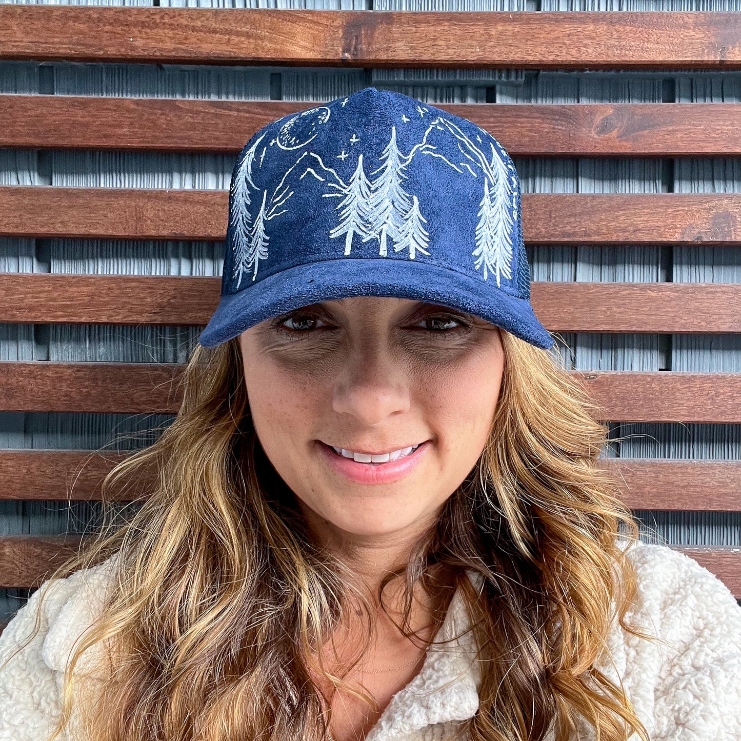 Suede Navy Blue Drawn Mountains Trucker Hat