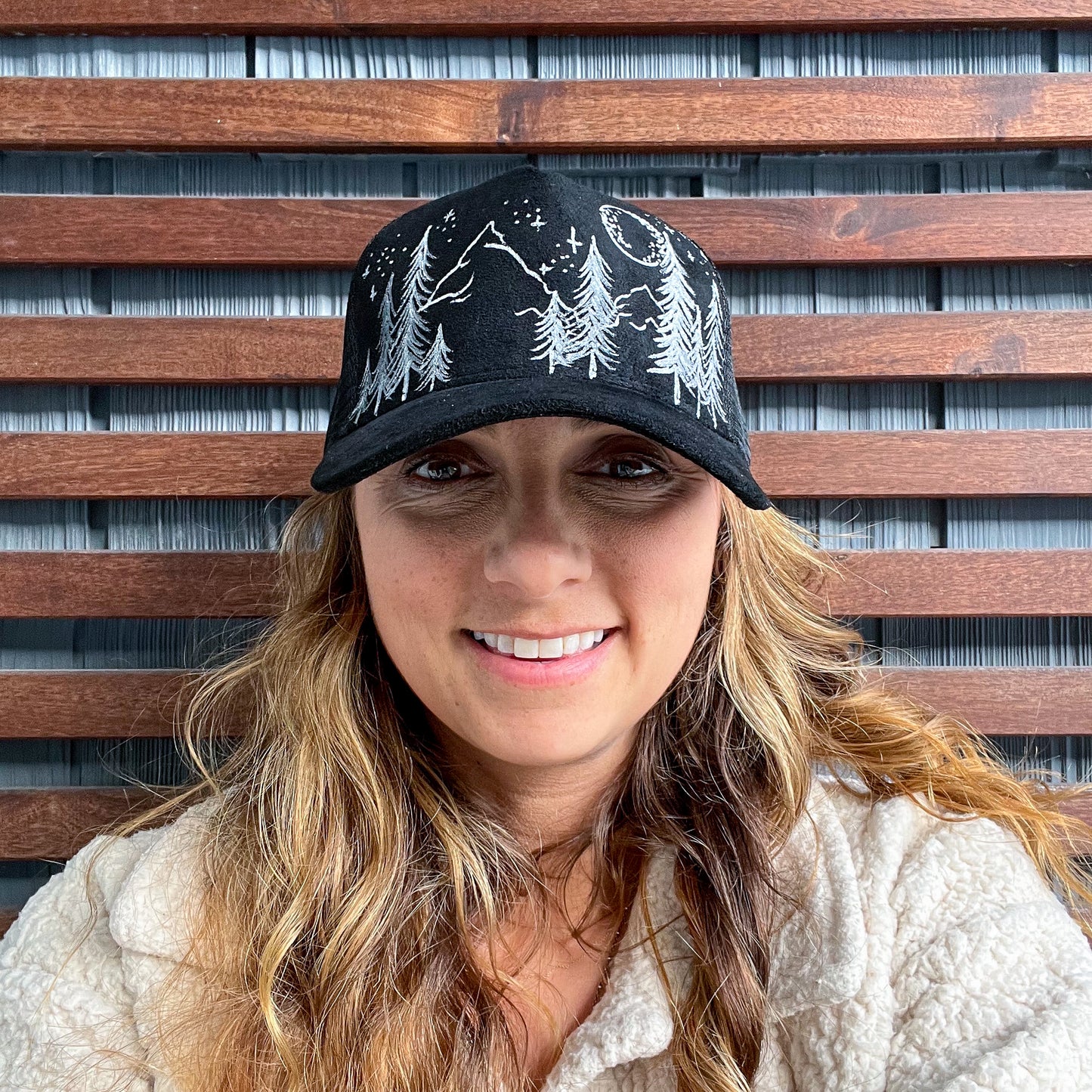 Suede Black Drawn Mountains Trucker Hat