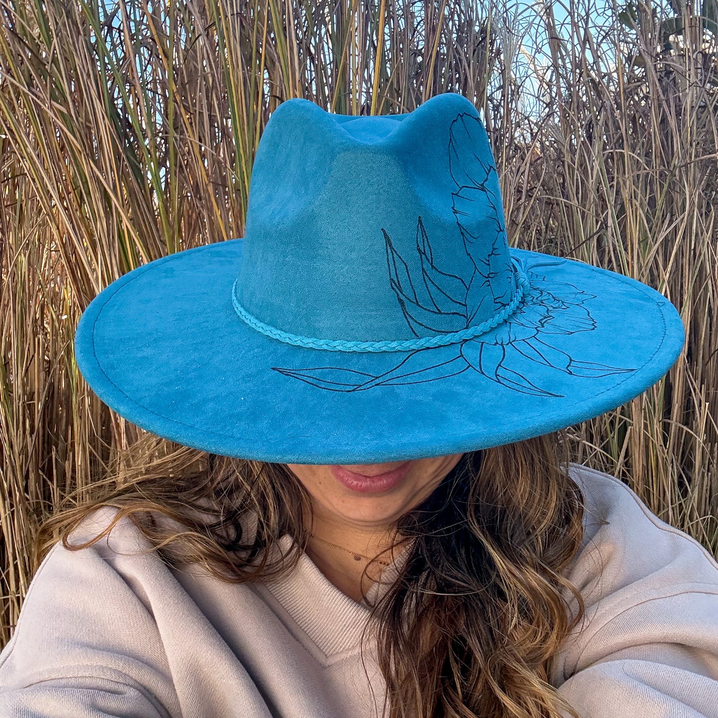 Ocean Blue Hand Burned Floral Wide Brim Fedora