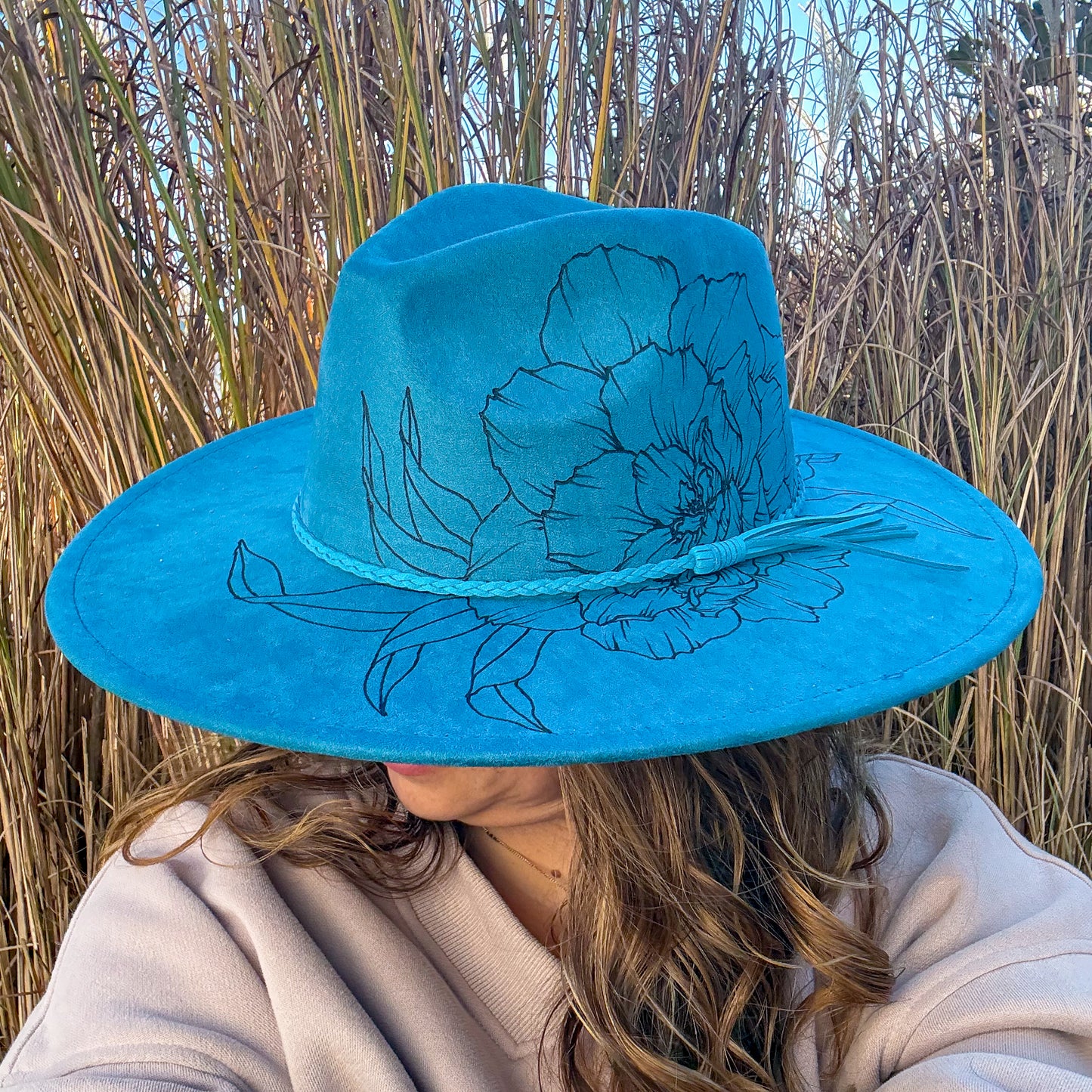 Ocean Blue Hand Burned Floral Wide Brim Fedora