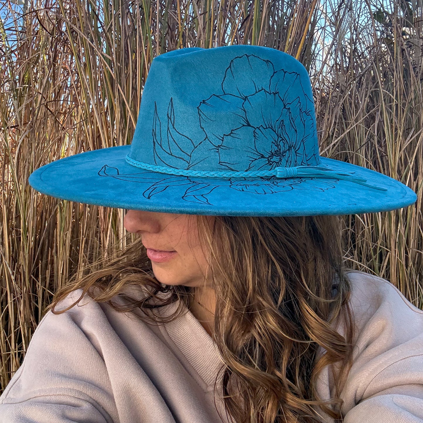 Ocean Blue Hand Burned Floral Wide Brim Fedora