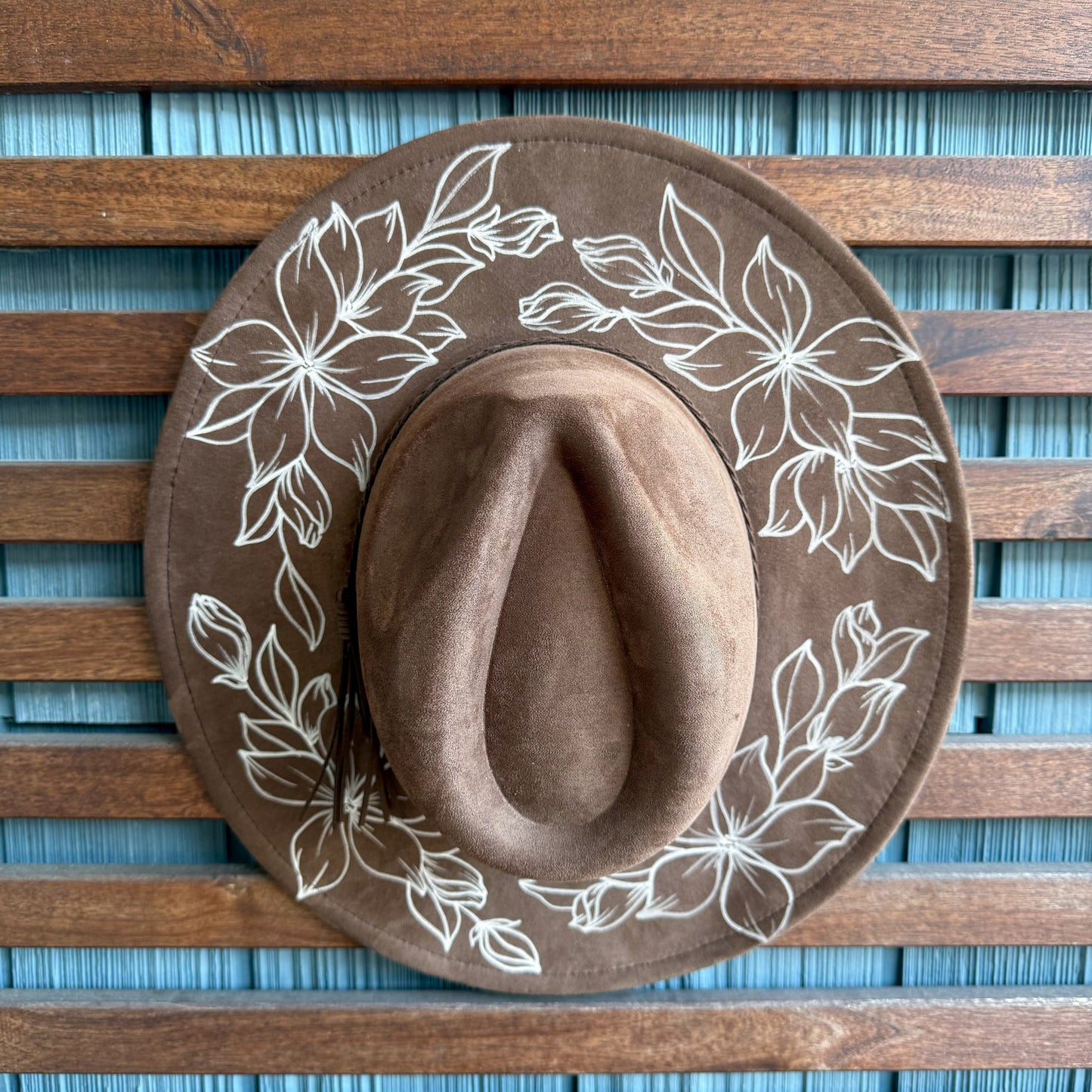 Dark Brown Hand Drawn Flower Wide Brim Fedora