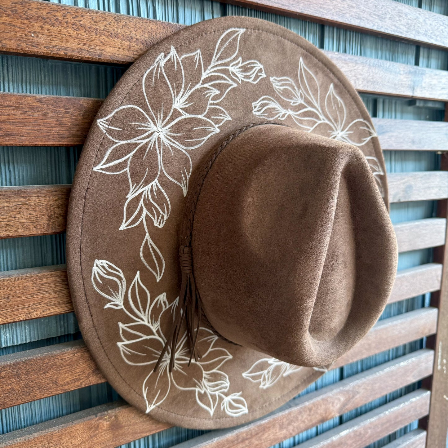 Dark Brown Hand Drawn Flower Wide Brim Fedora