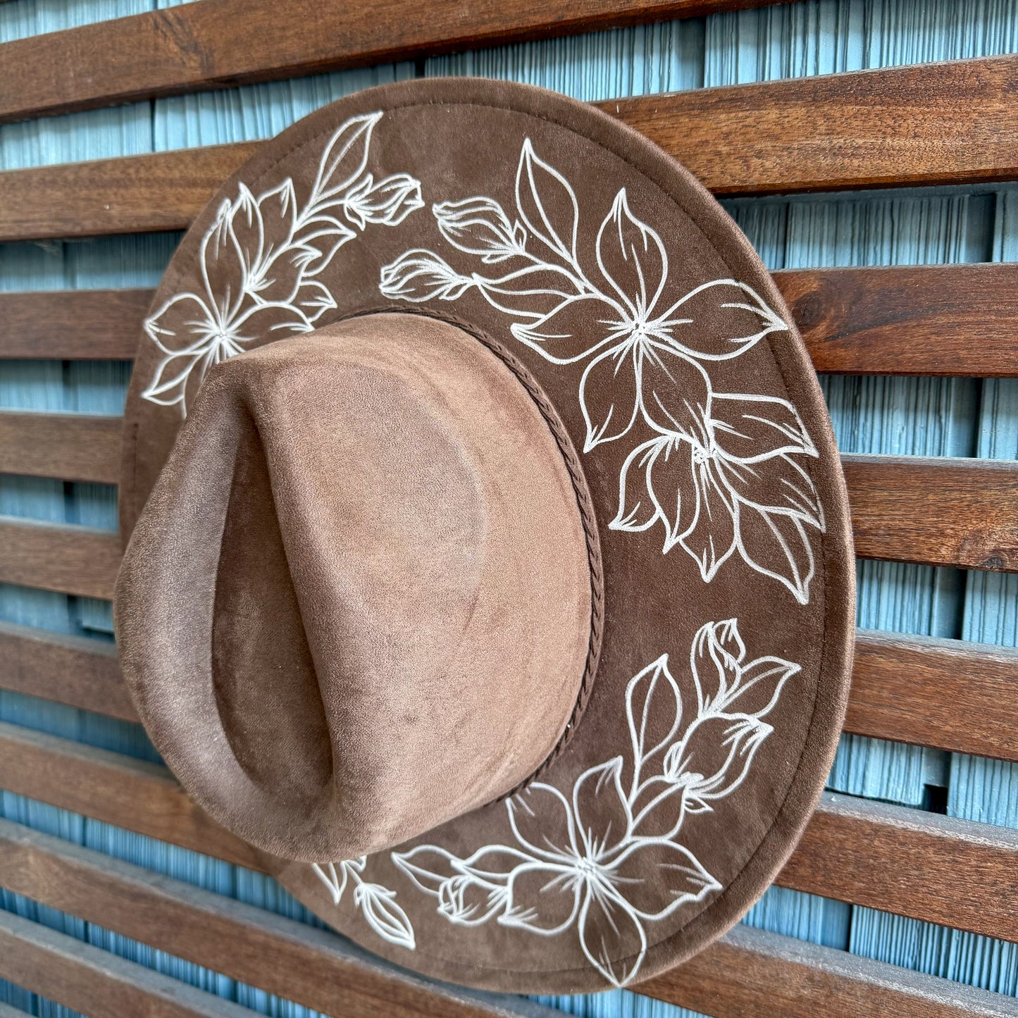 Dark Brown Hand Drawn Flower Wide Brim Fedora