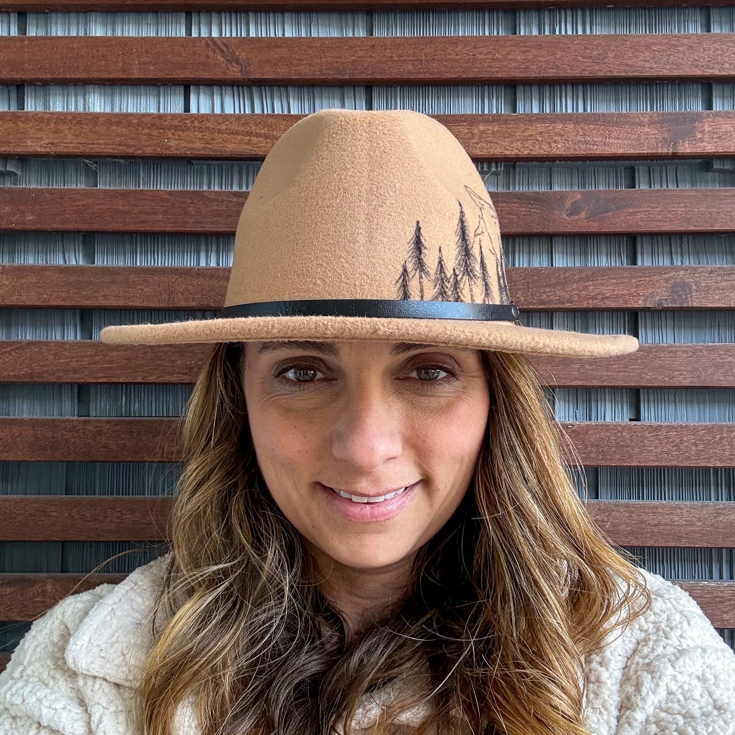 Tan Hand Drawn Mountain Wide Brim Fedora