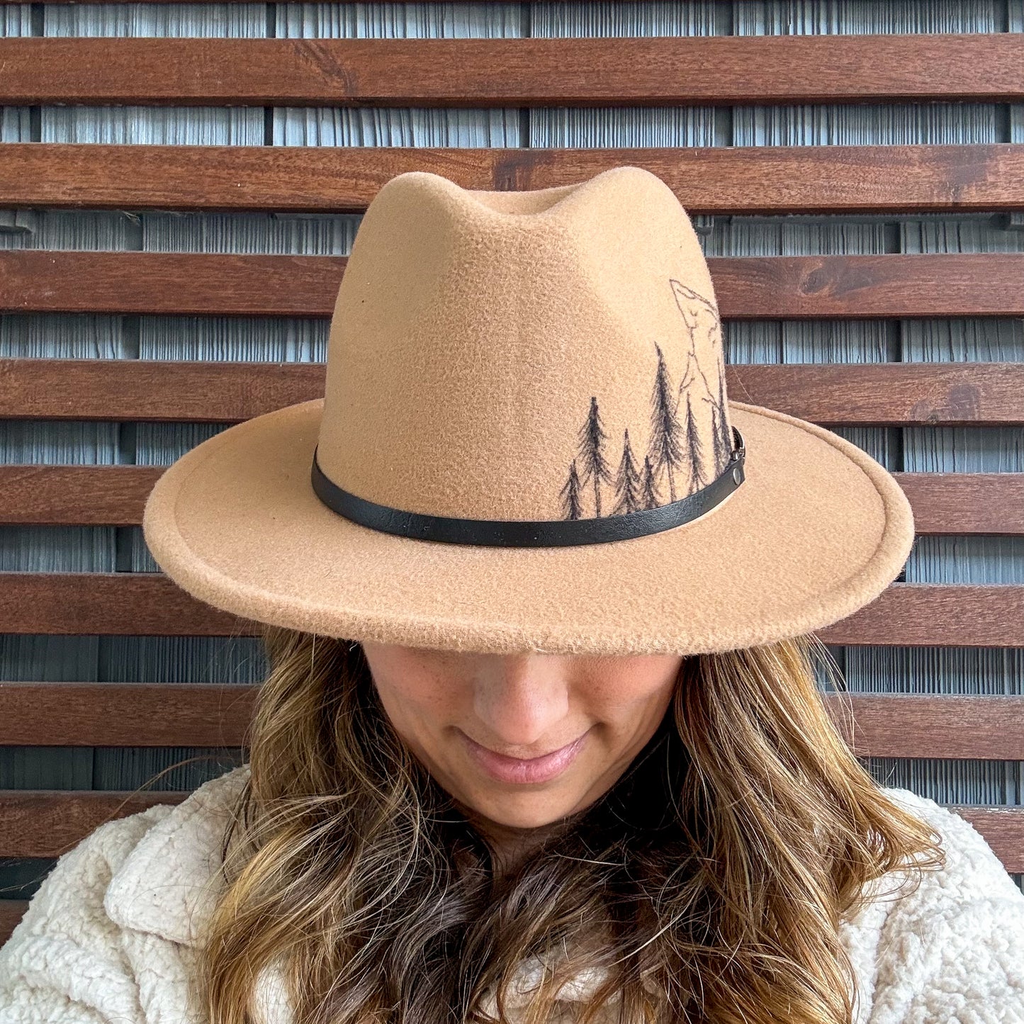 Tan Hand Drawn Mountain Wide Brim Fedora