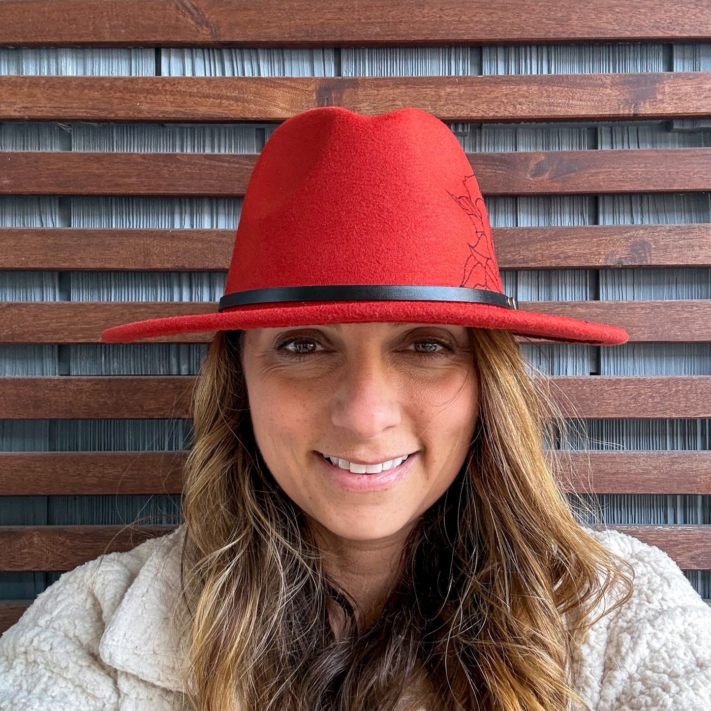 Red Hand Drawn Peonies Flower Wide Brim Fedora