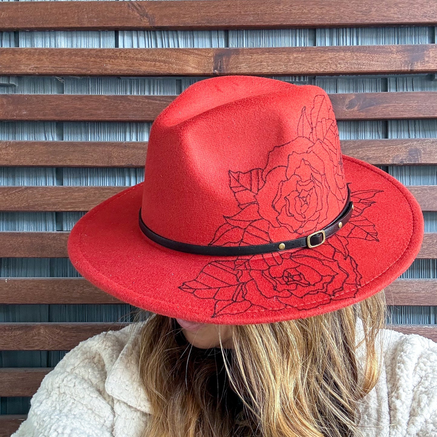 Red Hand Drawn Peonies Flower Wide Brim Fedora