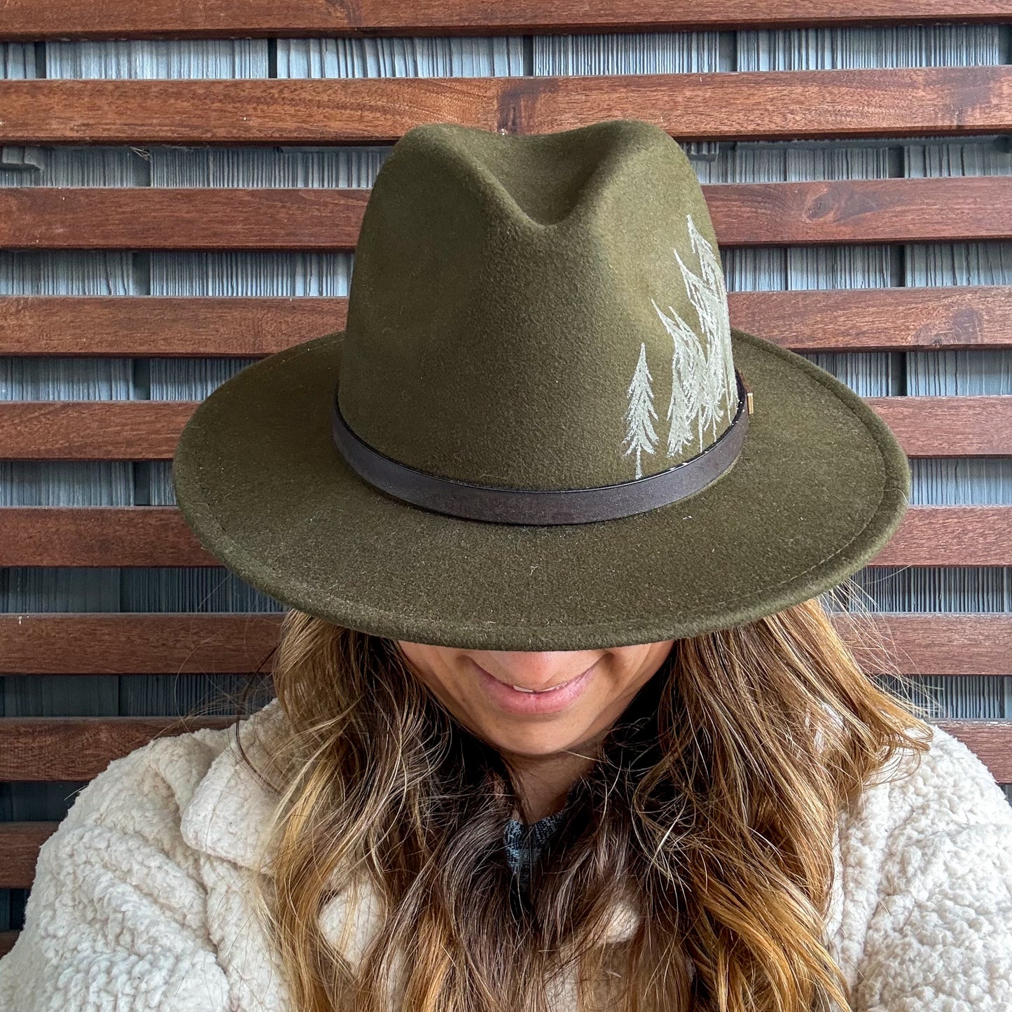 Army Green Hand Drawn Mountain Wide Brim Fedora