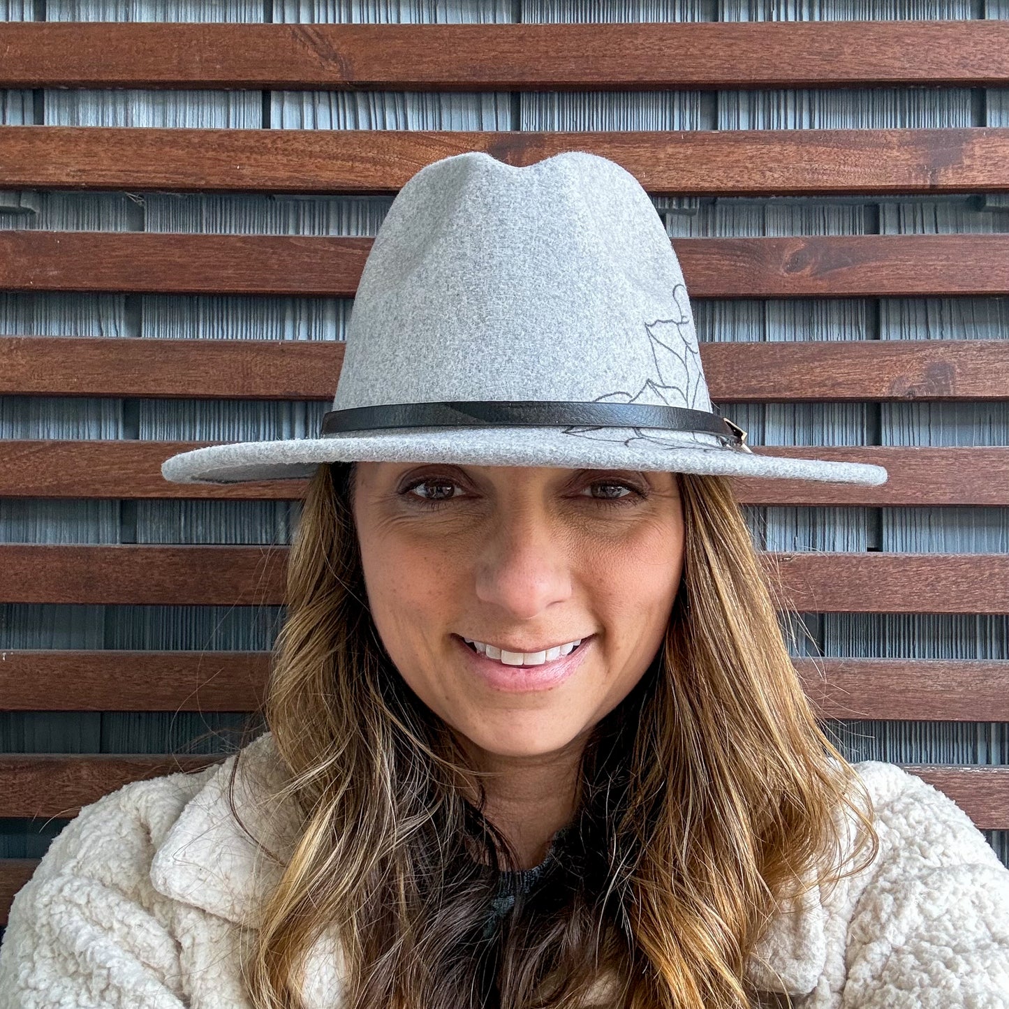 Light Grey Hand Drawn Flower Wide Brim Fedora