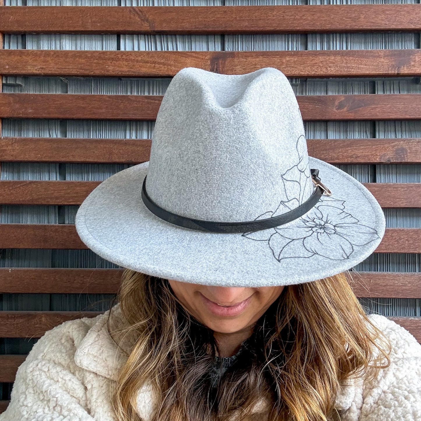 Light Grey Hand Drawn Flower Wide Brim Fedora