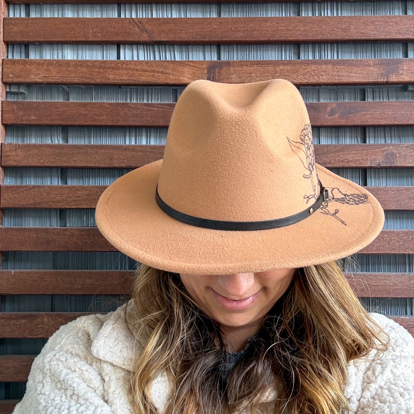 Tan Hand Drawn Pinecone Wide Brim Fedora