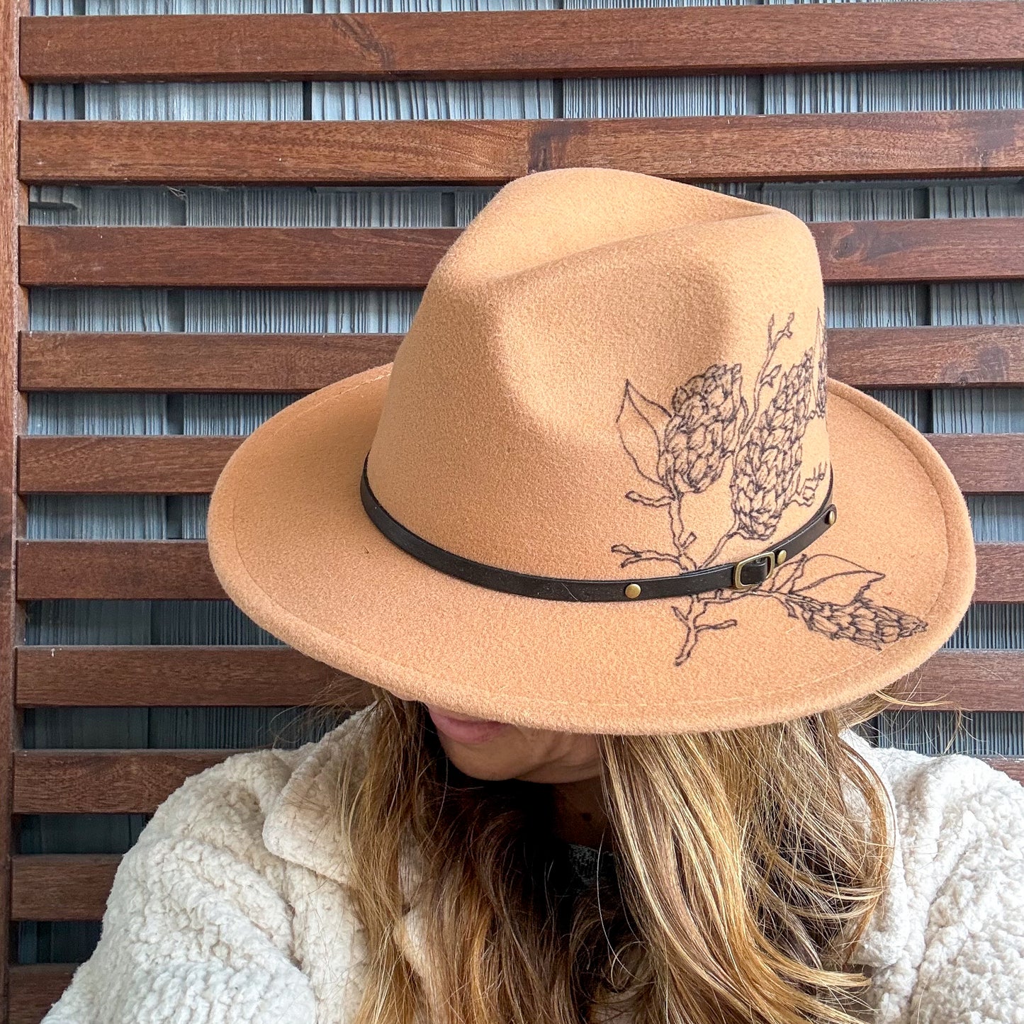 Tan Hand Drawn Pinecone Wide Brim Fedora