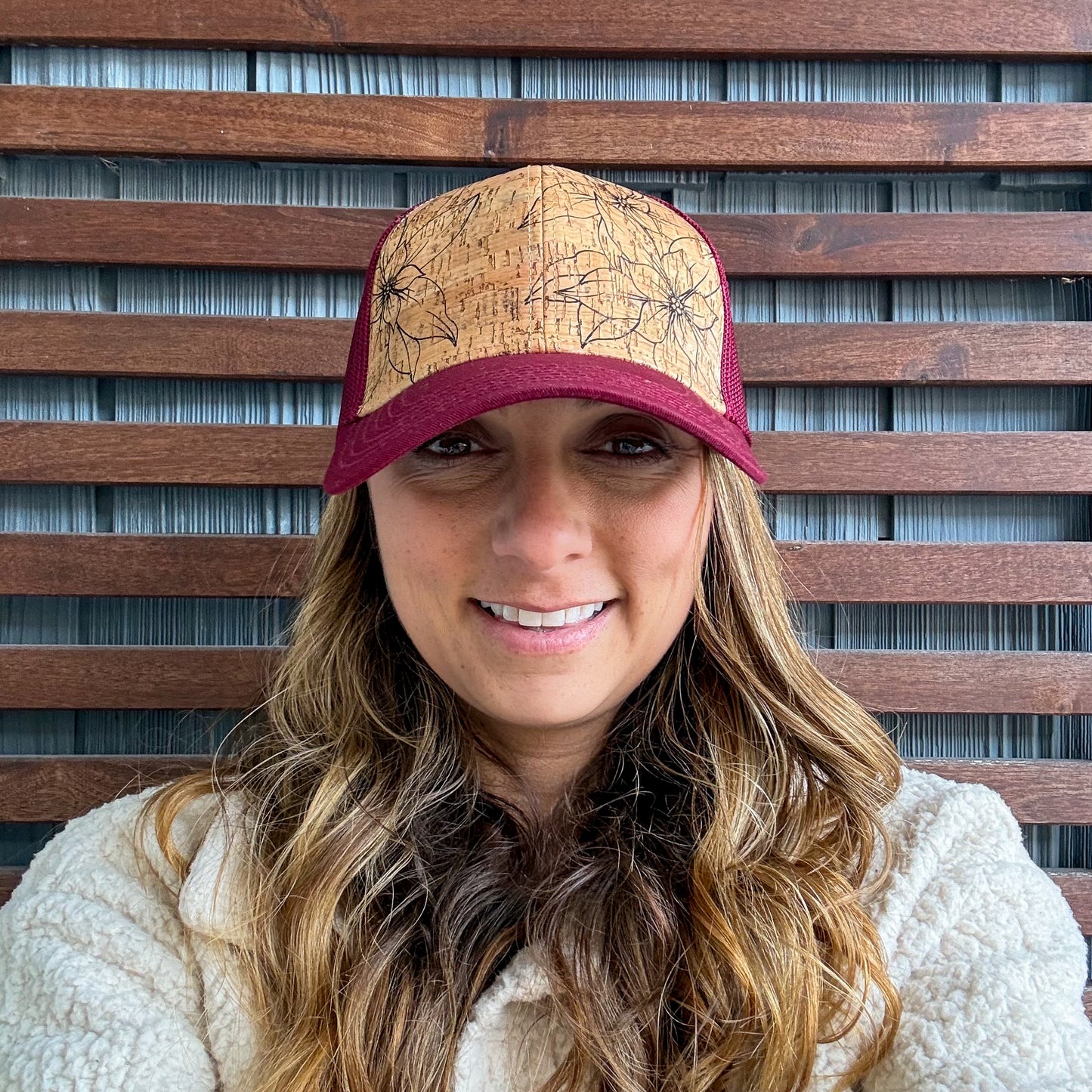 Red Hand Drawn Floral Cork Curved Brim Trucker Hat