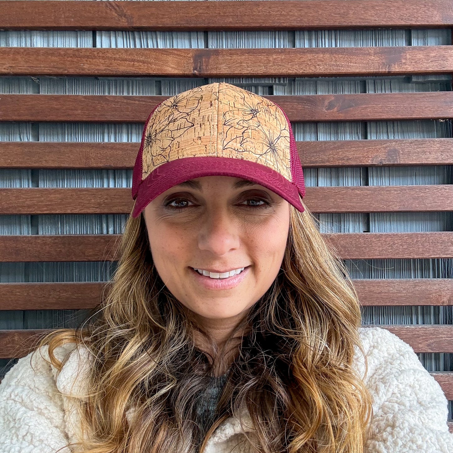 Red Hand Drawn Wild Flower Floral Cork Curved Brim Trucker Hat