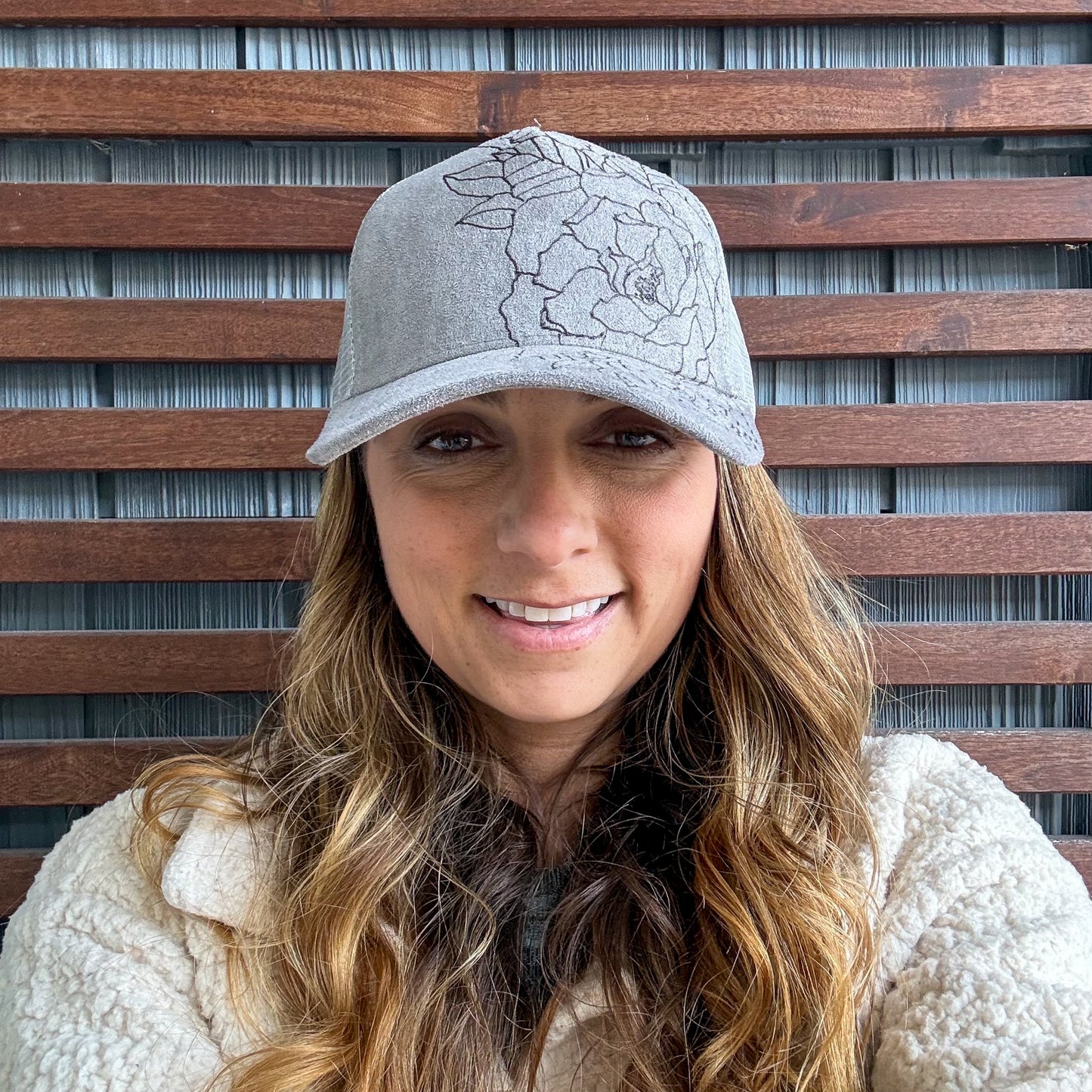 Suede Light Grey Burned Peony Floral Trucker Hat