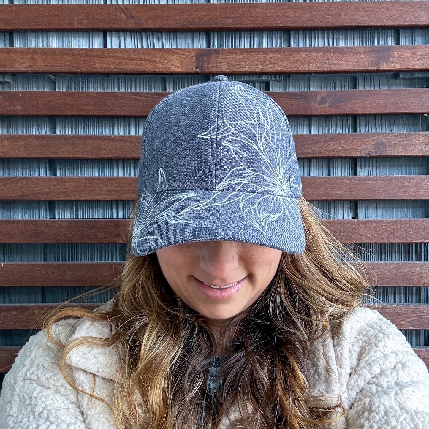 Denim Hand Drawn Daisy Floral Adjustable Baseball Cap