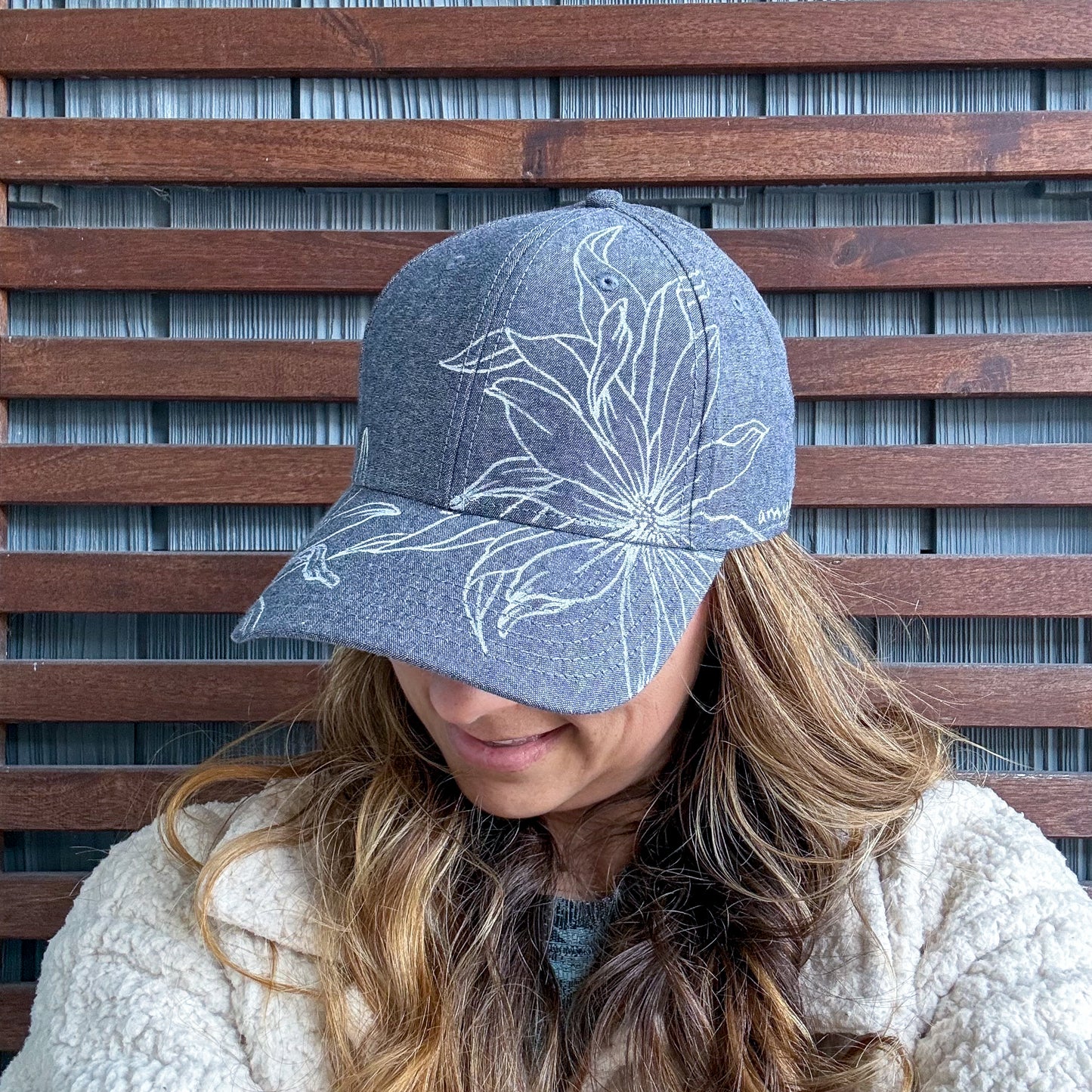Denim Hand Drawn Daisy Floral Adjustable Baseball Cap