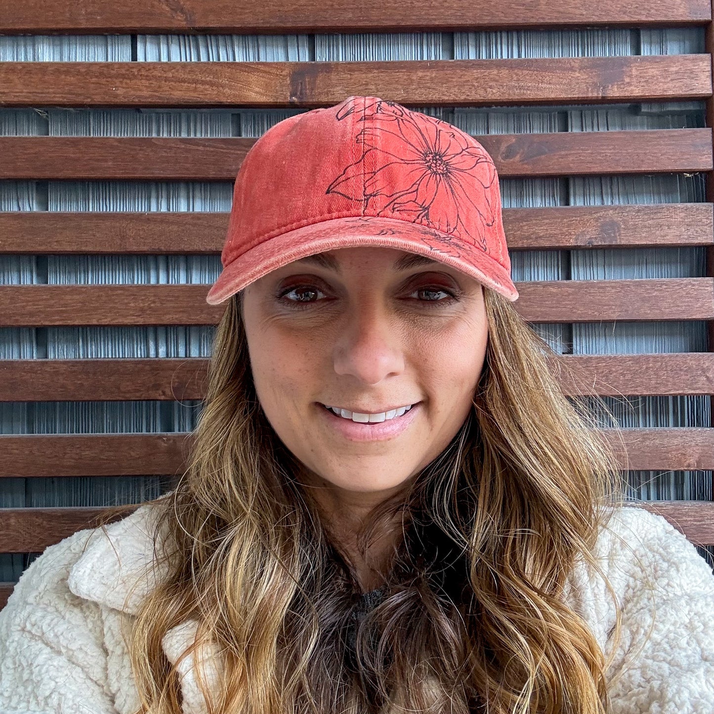 Coral Hand Drawn Floral Adjustable Baseball Cap