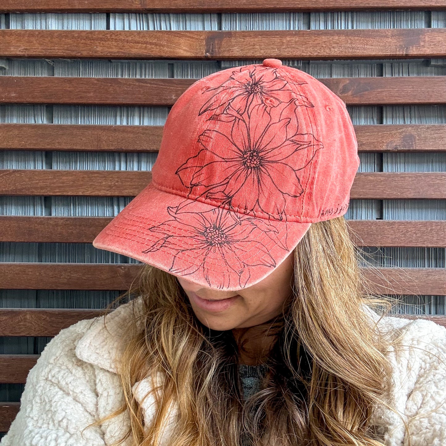 Coral Hand Drawn Floral Adjustable Baseball Cap