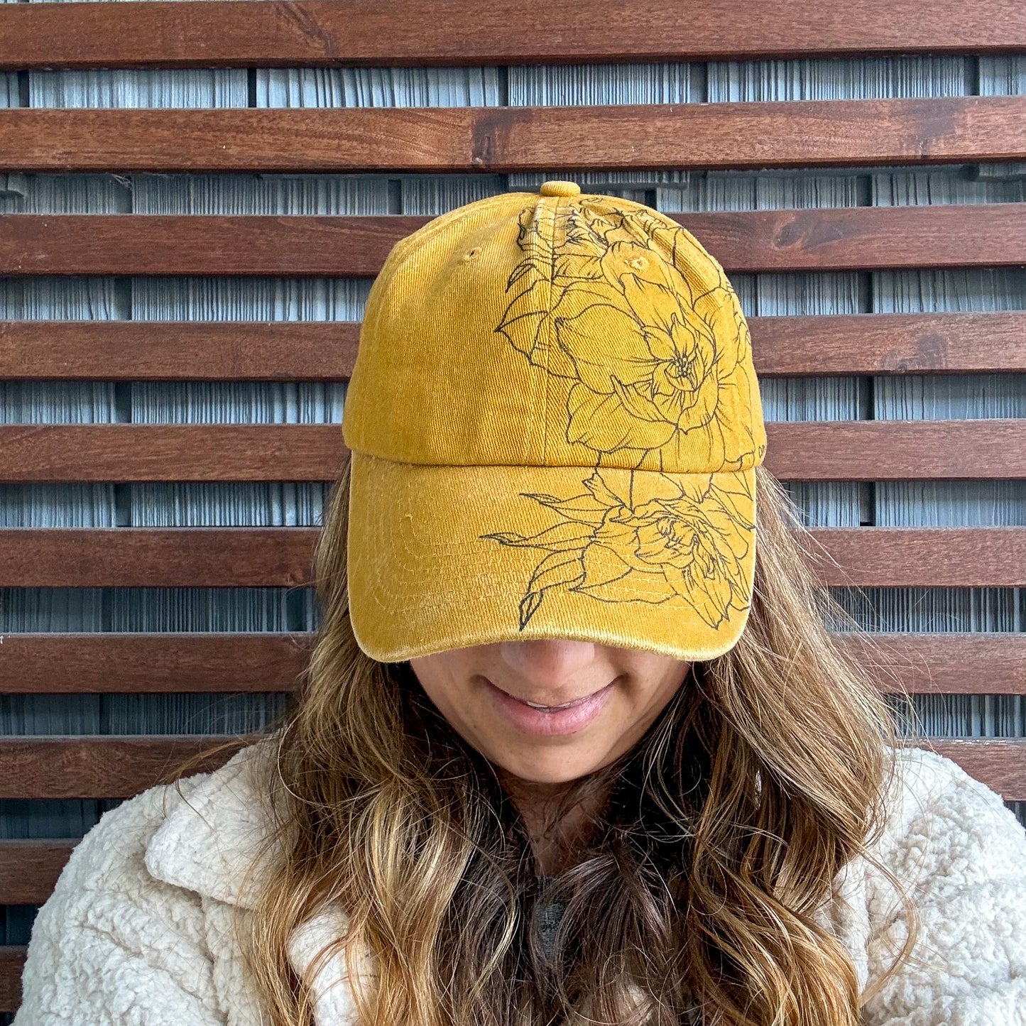 Yellow Hand Drawn Floral Adjustable Baseball Cap