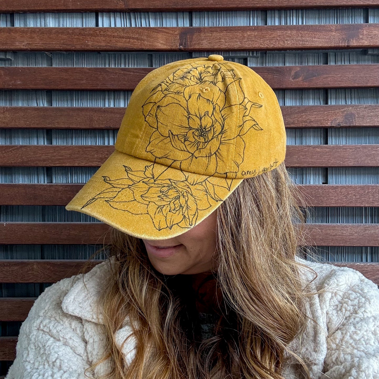 Yellow Hand Drawn Floral Adjustable Baseball Cap