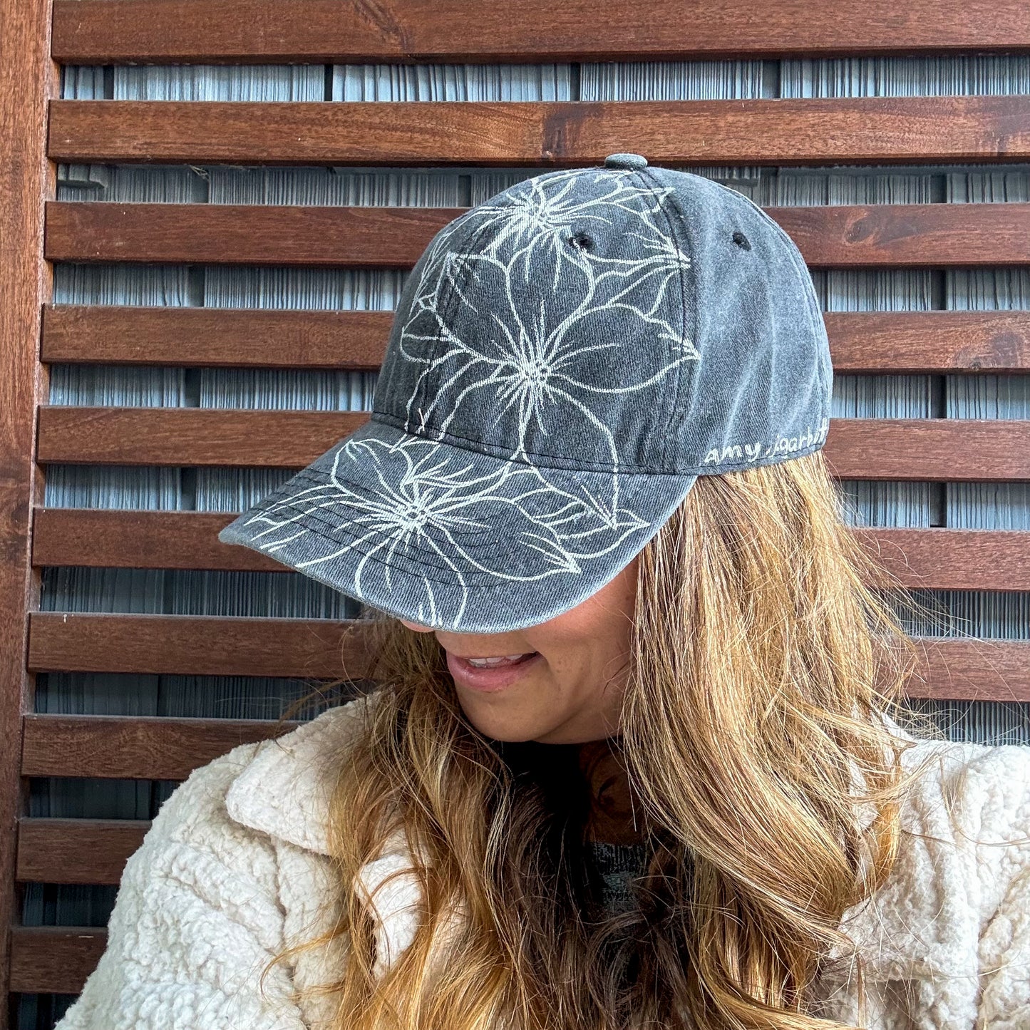 Dark Grey Hand Drawn Floral Adjustable Baseball Cap