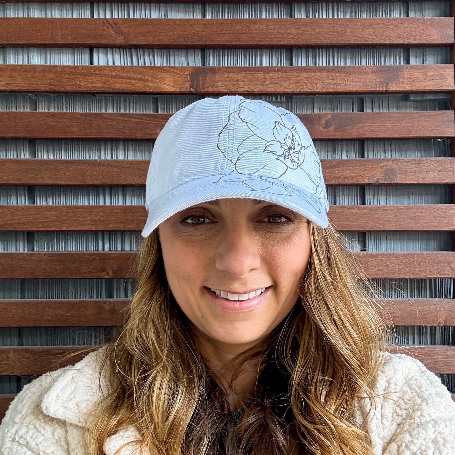 White Hand Drawn Large Floral Adjustable Baseball Cap